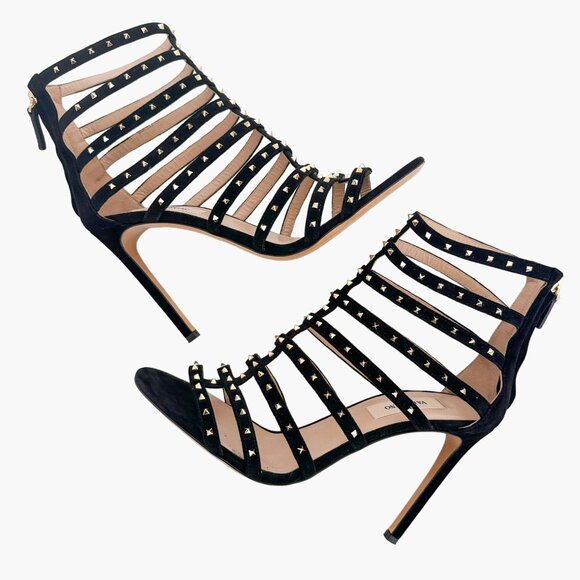 Valentino Garavani Studded Caged Sandals EU 39.5 US 9.5 Black High Heel Rockstud - Picture 8 of 13